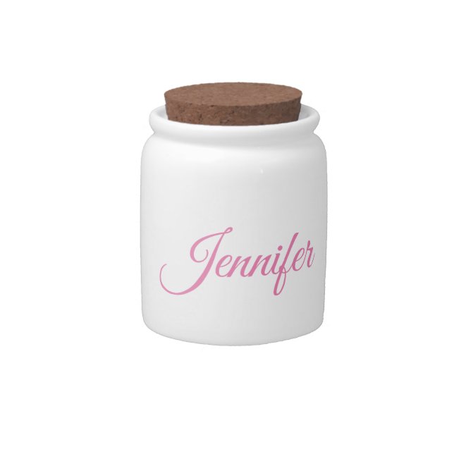 Calligraphy Elegant Pink White Custom Name Candy Jar (Front)