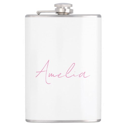 Calligraphy Elegant Pink White Custom Name Flask