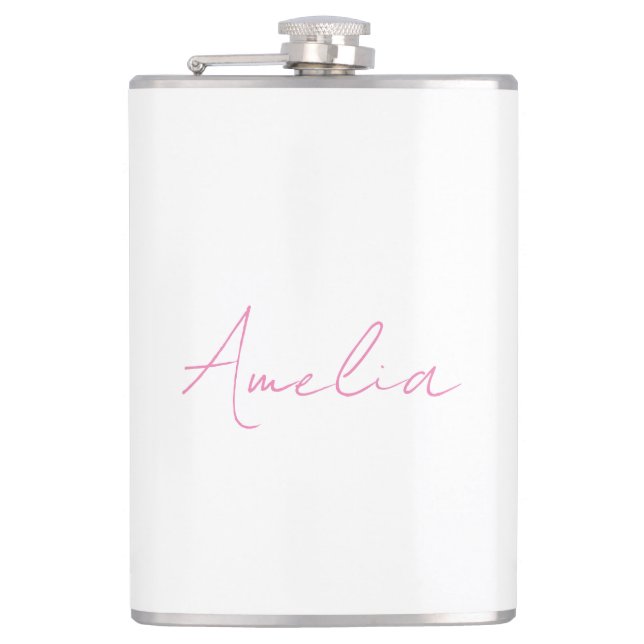 Calligraphy Elegant Pink White Custom Name Flask (Front)