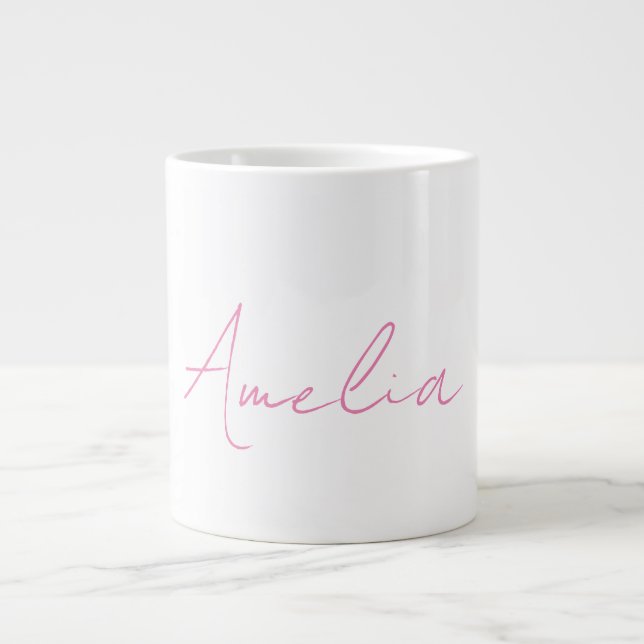 Calligraphy Elegant Pink White Custom Name Giant Coffee Mug (Front)