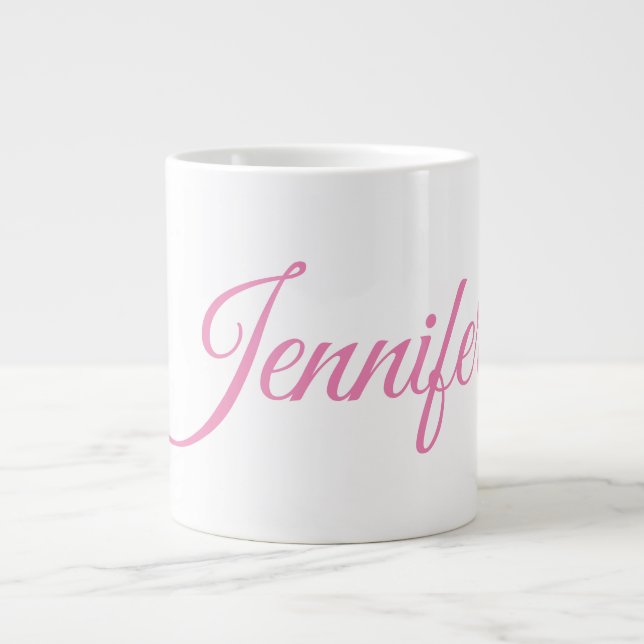 Calligraphy Elegant Pink White Custom Name Giant Coffee Mug (Front)