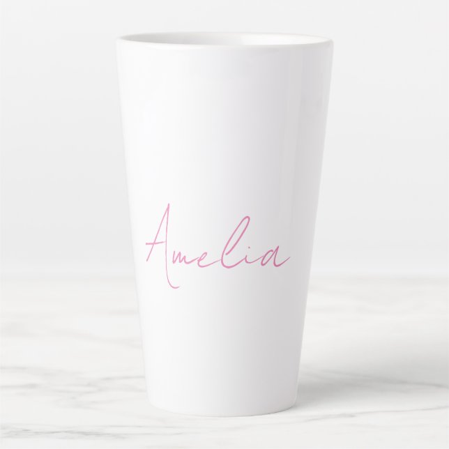 Calligraphy Elegant Pink White Custom Name Latte Mug (Front)