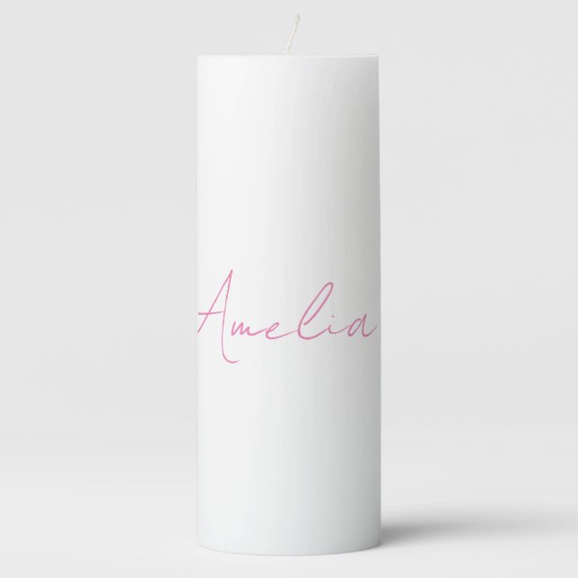 Calligraphy Elegant Pink White Custom Name Pillar Candle (Front)