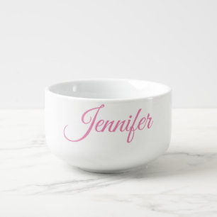 Calligraphy Elegant Pink White Custom Name Soup Mug