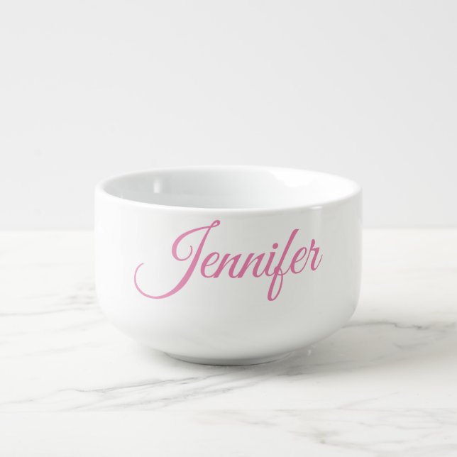 Calligraphy Elegant Pink White Custom Name Soup Mug (Front)