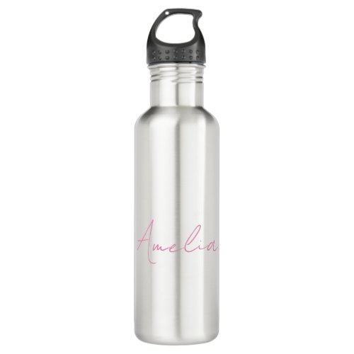Calligraphy Elegant Pink White Custom Name Stainless Steel Water Bottle