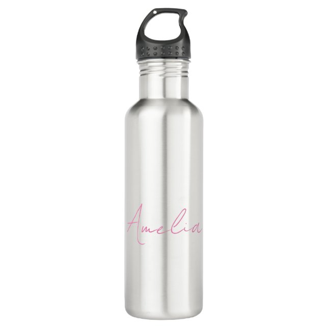 Calligraphy Elegant Pink White Custom Name Stainless Steel Water Bottle (Front)