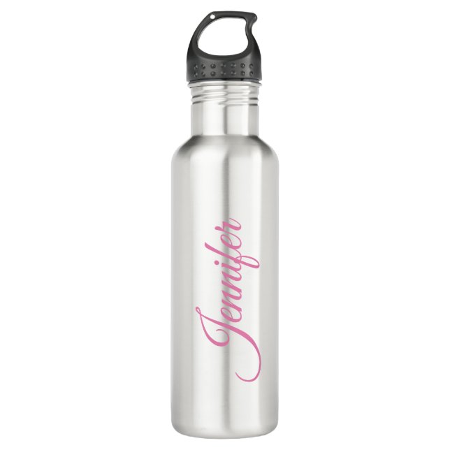 Calligraphy Elegant Pink White Custom Name Stainless Steel Water Bottle (Front)