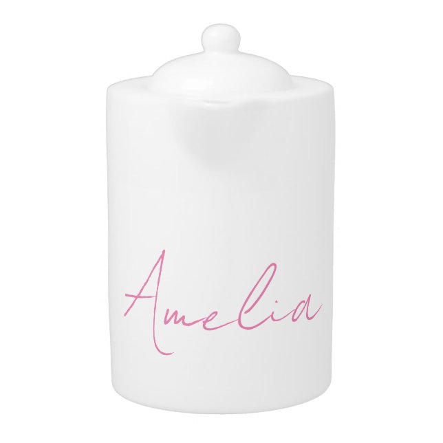 Calligraphy Elegant Pink White Custom Name Teapot (Front)