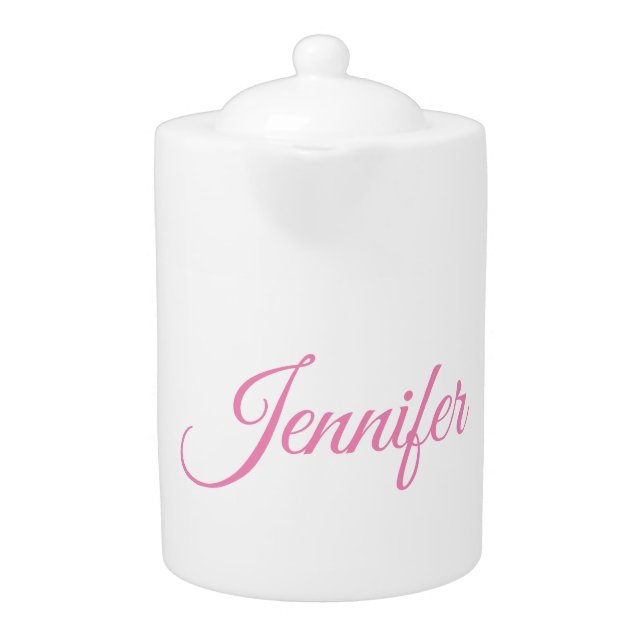 Calligraphy Elegant Pink White Custom Name Teapot (Front)