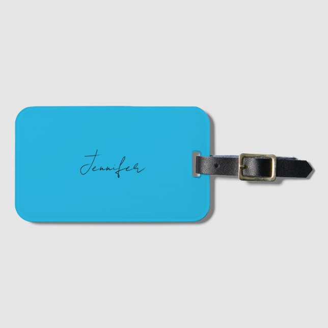Calligraphy Elegant Plain Simple Name Blue Luggage Tag (Front Horizontal)