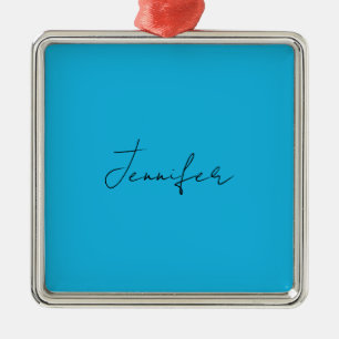 Calligraphy Elegant Plain Simple Name Blue Metal Ornament