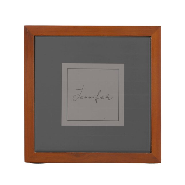 Calligraphy Elegant Plain Simple Name Grey Desk Organizer (Front)