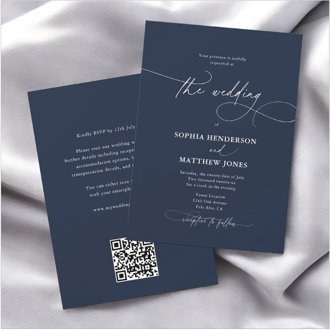 Calligraphy Elegant QR Code Navy Blue Wedding  Invitation (Creator Uploaded)