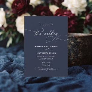 Calligraphy Elegant QR Code Navy Blue Wedding Invitation