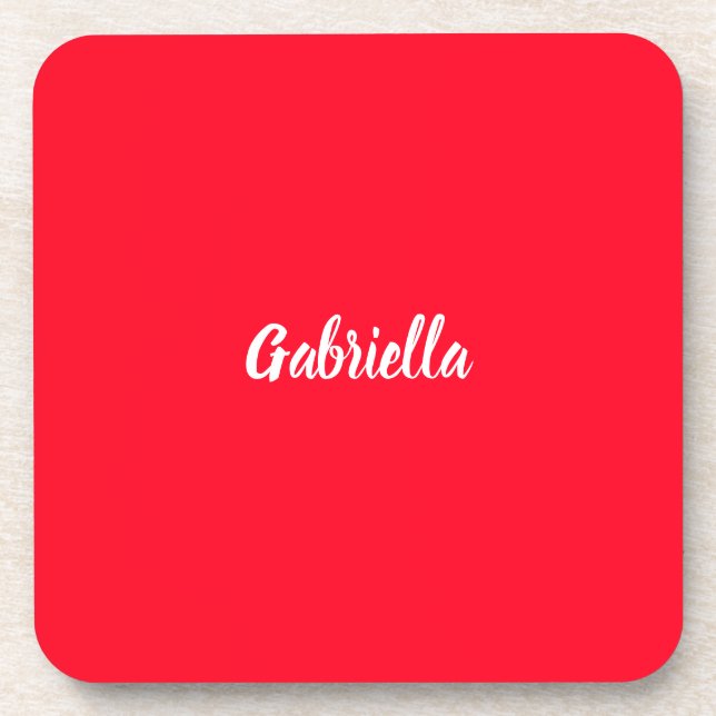 Calligraphy Elegant Red White Plain Simple Name Beverage Coaster (Front)