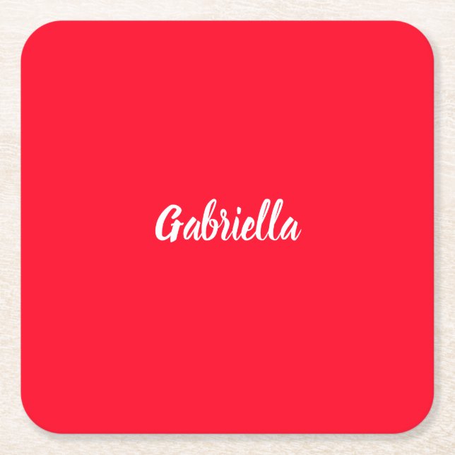 Calligraphy Elegant Red White Plain Simple Name Square Paper Coaster (Front)