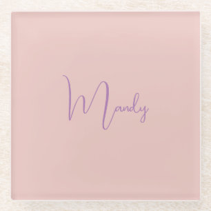 Calligraphy Elegant Rose Gold Plain Simple Name Glass Coaster