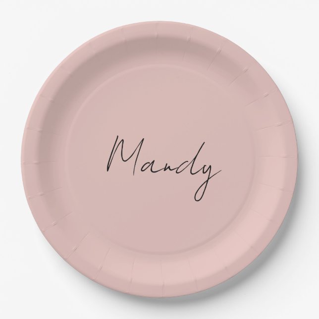 Calligraphy Elegant Rose Gold Plain Simple Name Paper Plates (Front)