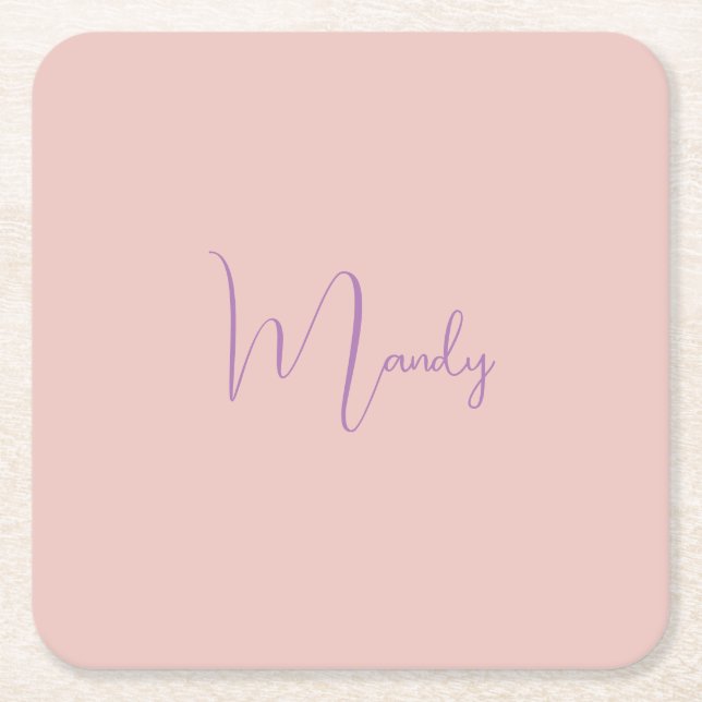 Calligraphy Elegant Rose Gold Plain Simple Name Square Paper Coaster (Front)