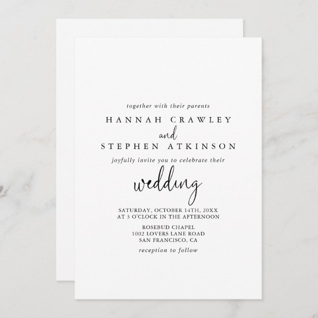 Calligraphy Elegant Script Front & Back Wedding   Invitation (Front/Back)