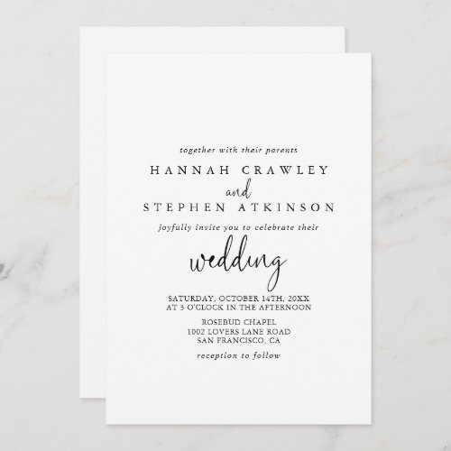 Calligraphy Elegant Script Front  Back Wedding   Invitation