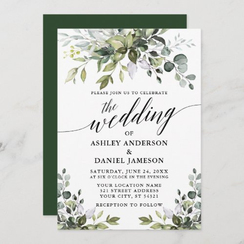 Calligraphy Elegant Watercolor Greenery Wedding Invitation