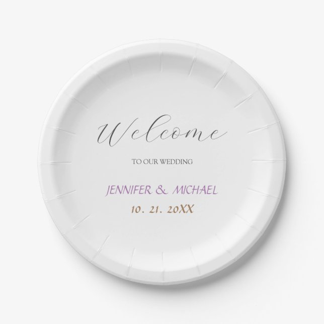 Calligraphy Elegant Welcome Wedding Paper Plates (Front)