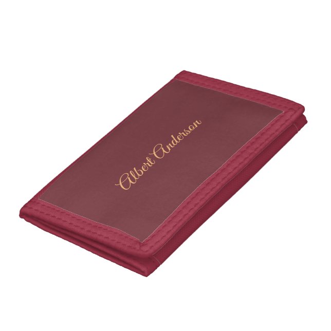 Calligraphy Elegant Wine Color Personalized Name Trifold Wallet (Bottom)
