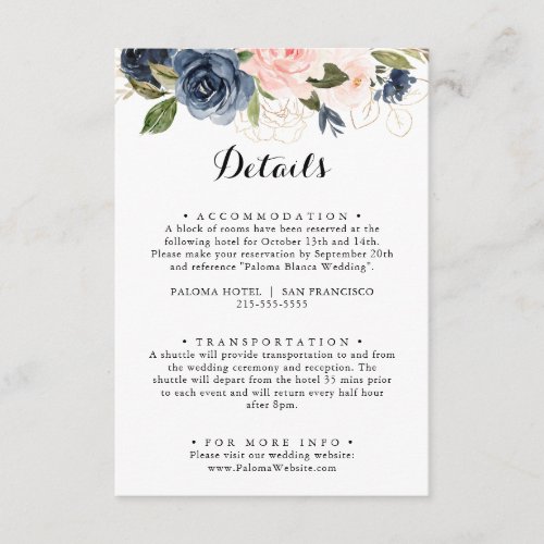 Calligraphy Elegant Winter Floral Wedding Details Enclosure Card