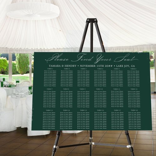 Calligraphy Emerald Wedding 18 Table Seating Chart Foam Board