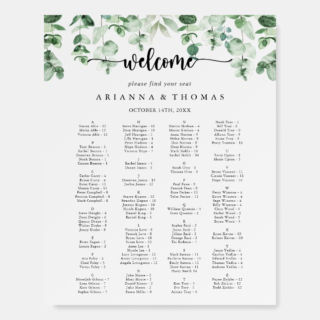 Calligraphy Eucalyptus Alphabetical Seating Chart  Foam Board (Front)