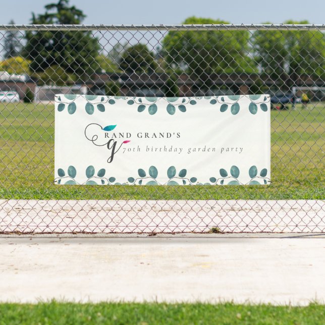 Calligraphy Eucalyptus Garden Party Birthday Banner (Insitu)