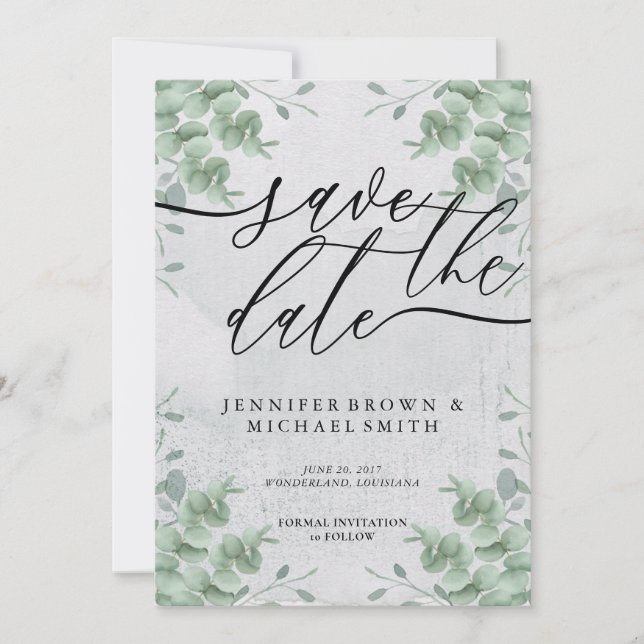 Calligraphy Eucalyptus Greenery special day Save The Date (Front)