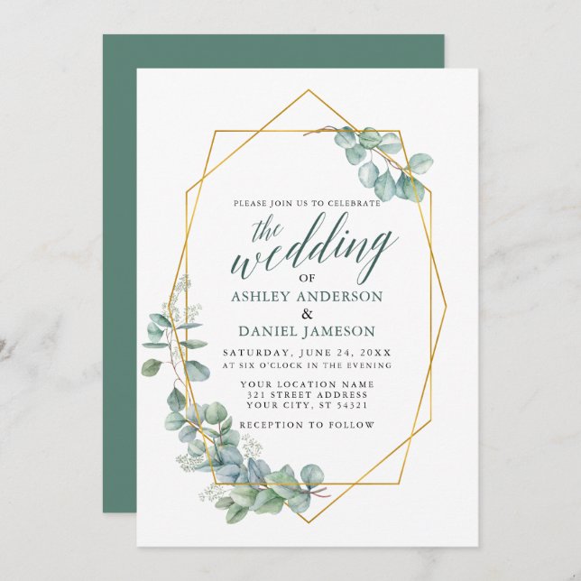 Calligraphy Eucalyptus Greenery Wedding Gold Frame Invitation (Front/Back)