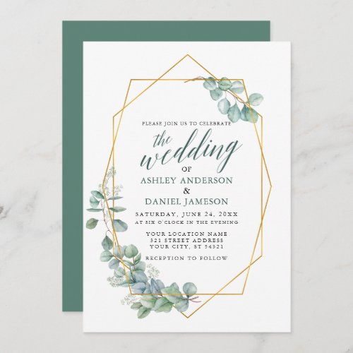 Calligraphy Eucalyptus Greenery Wedding Gold Frame Invitation