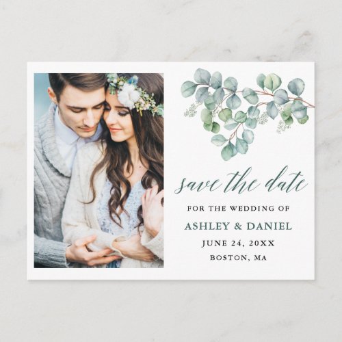 Calligraphy Eucalyptus Leaves Green Save the Date Postcard