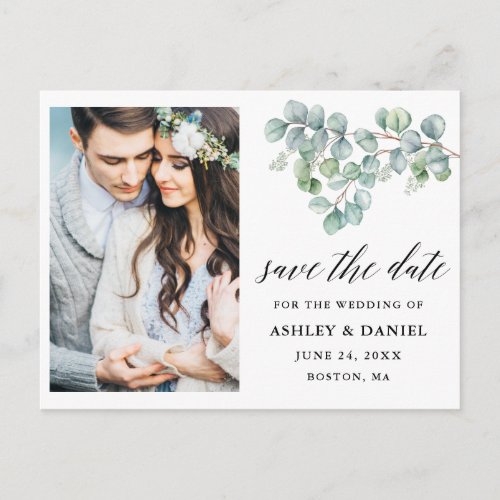 Calligraphy Eucalyptus Leaves Save the Date Postcard