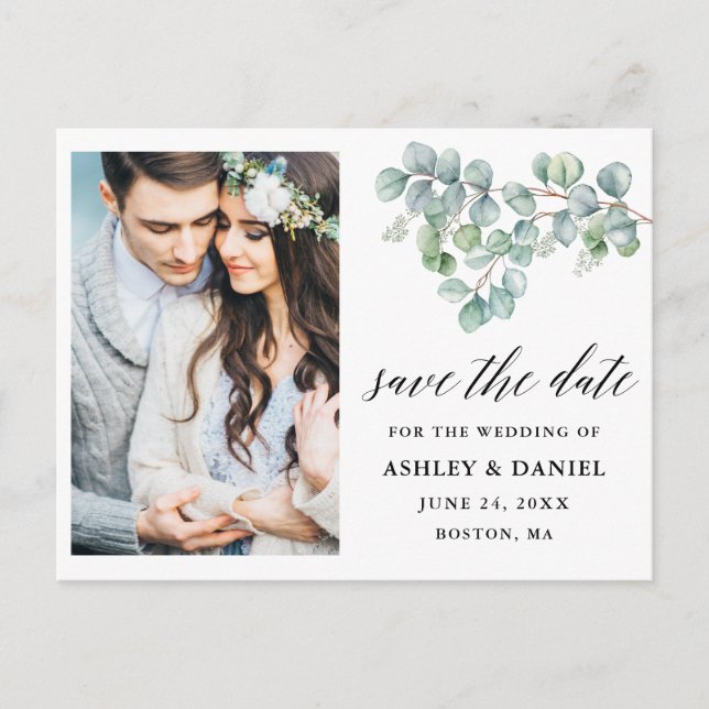 Calligraphy Eucalyptus Leaves Save the Date Postcard (Front)