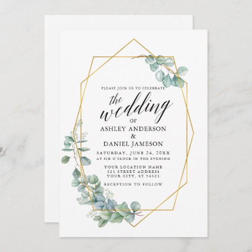 Calligraphy Eucalyptus Photo Wedding Gold Invitation