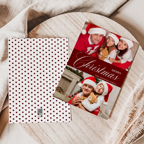 Calligraphy Family Photo White Red Merry Christmas Holiday Card