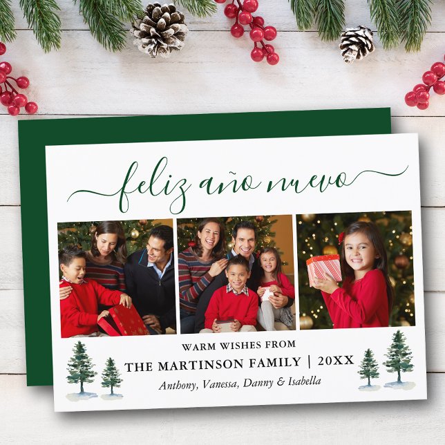 Calligraphy Feliz Ano Nuevo Green Pines Holiday Card (Customize to add text to back of card.)