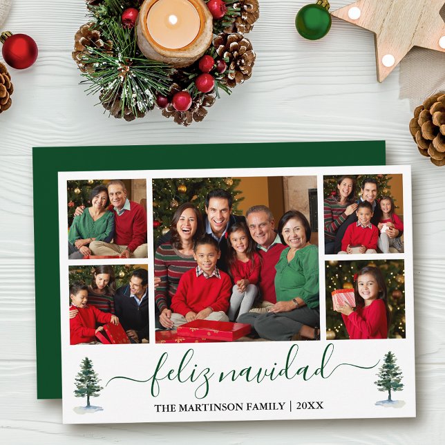 Calligraphy Feliz Navidad 5 Photo Green Pine Trees Holiday Card (Customize to add text to back of card.)