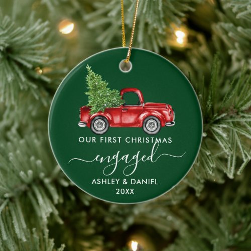 Calligraphy First Christmas Engaged Truck Green Ceramic Ornament