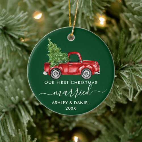 Calligraphy First Christmas Married Truck Green Ceramic Ornament