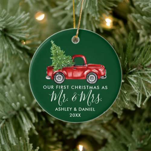 Calligraphy First Christmas Mr Mrs Truck Green Ceramic Ornament