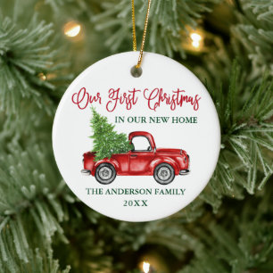 Calligraphy First Christmas New Home Red Truck Ceramic Ornament