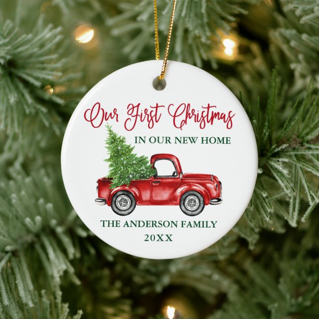 Calligraphy First Christmas New Home Red Truck Ceramic Ornament (Tree)