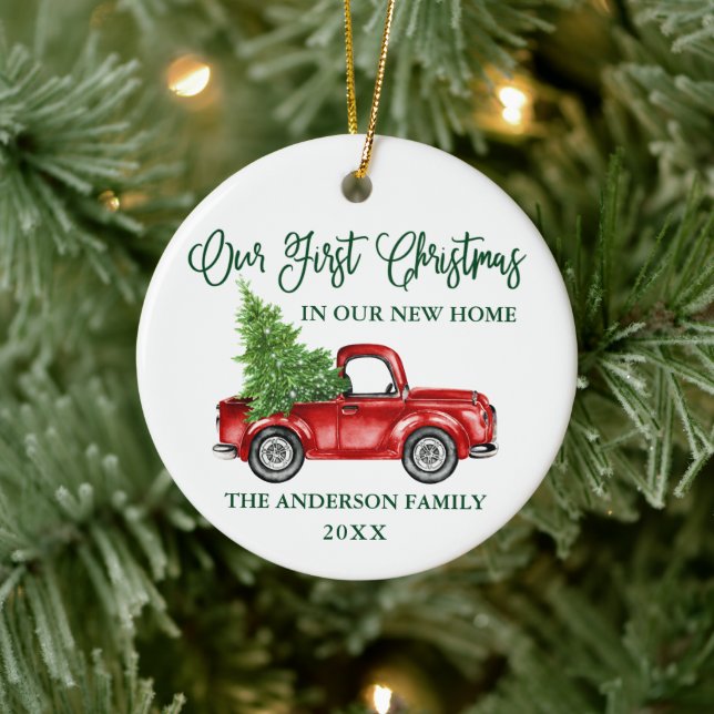 Calligraphy First Christmas New Home Truck Ceramic Ornament (Tree)