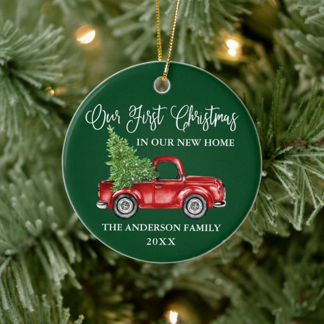 Calligraphy First Christmas New Home Truck Green Ceramic Ornament (Tree)
